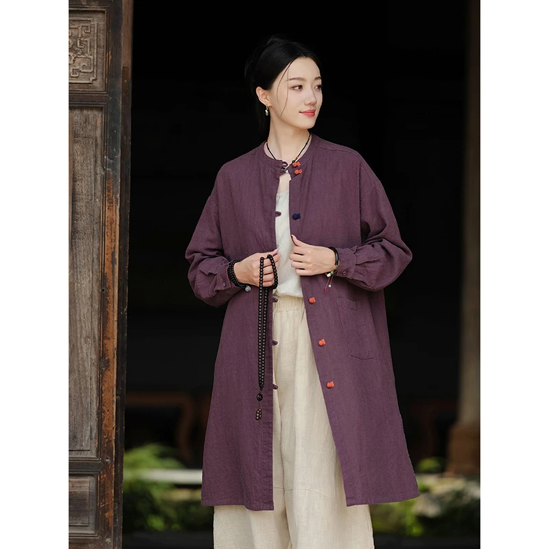 芸術スタイル春の新作女性ルーズ長袖 O ネックブラウスカジュアル良質ヴィンテージコットンリネンシングルブレストシャツ Y205