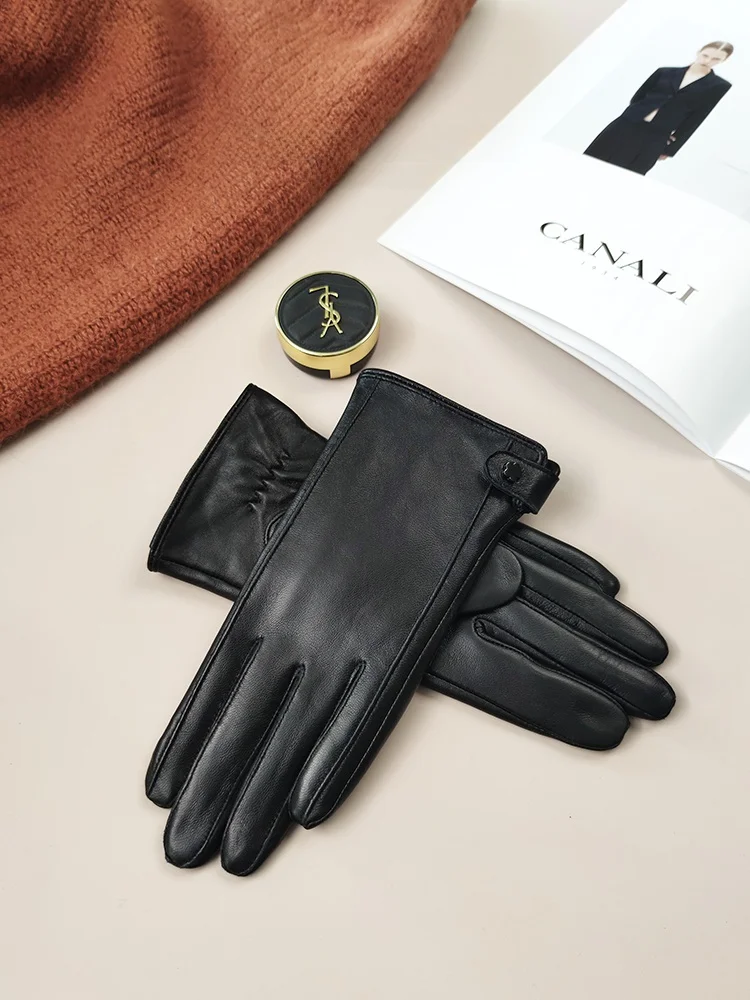 2025年新作-薄型本革ラムスキン手袋-タッチスクリーン対応-暖かい裏起毛-サイクリング、運転、秋冬向け