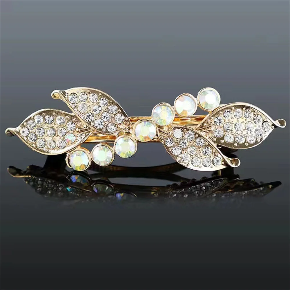 Korean Crystal Flower Bow Spring Hairpin Vintage Ink Blue Rhinestone Horizontal Clip Top Clip Elegant Mom Fashion Hairpin