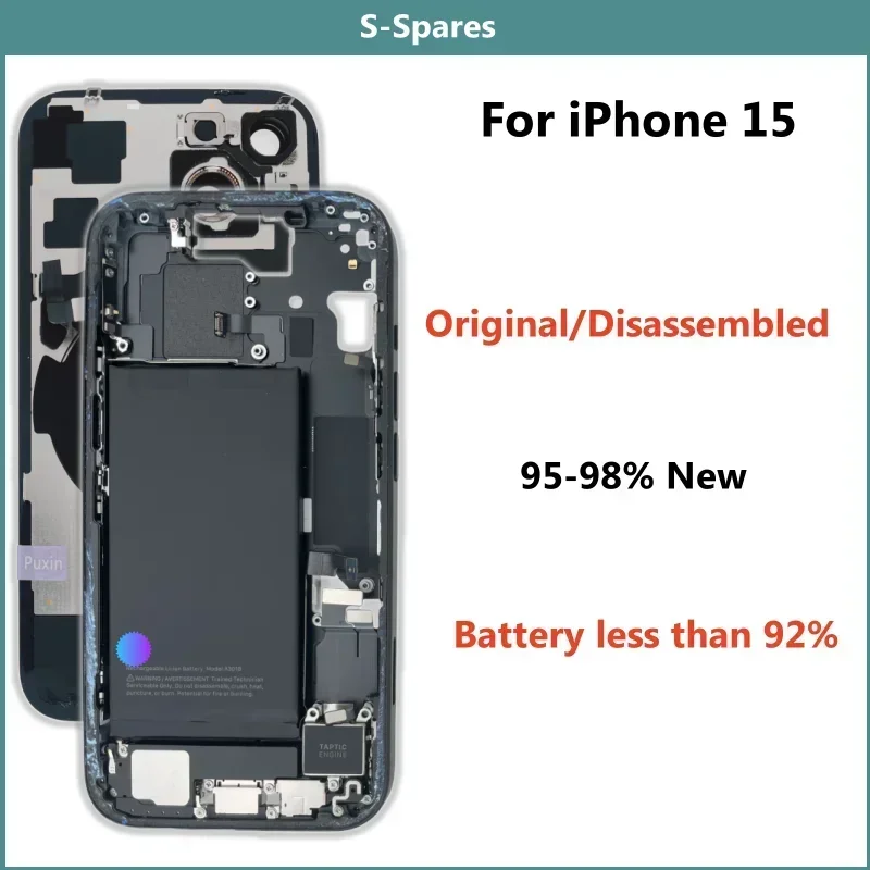 95% New, Original Disassembled Middle Frame Housing Back Cover Glass For iPhone 15, with Battery NFC Wireless Assembly