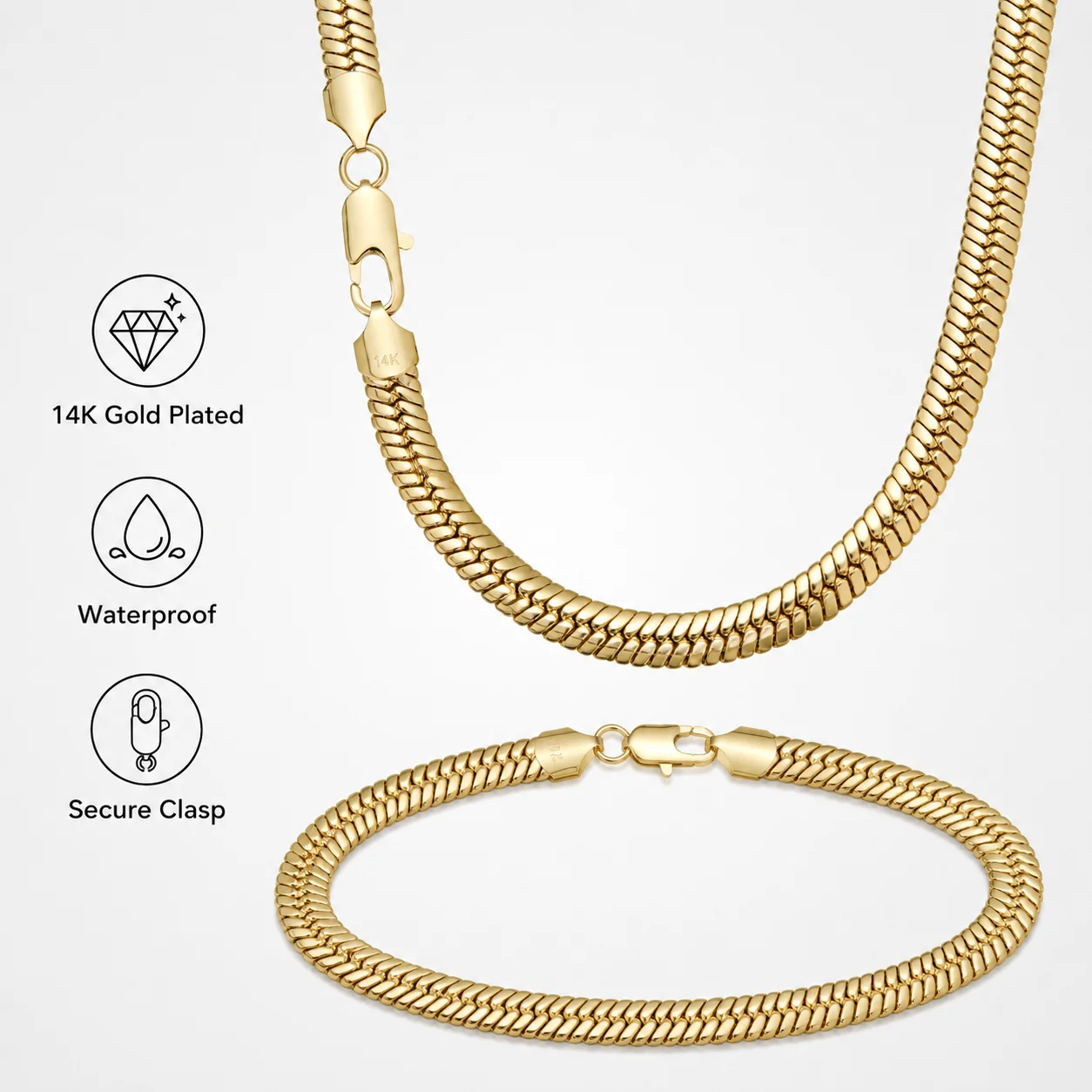 

Men’s 14K Gold Plated Gold Chain Necklace for Men with Free Bracelet, Waterproof Snake Chain Jewelry, Secure Clasp Daily Wear Gift