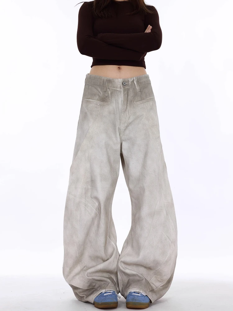 الرجعية الأمريكية الثقيلة دو Waed الأبيض الملون تفكيك سكين الجينز الرجال النساء فضفاضة مستقيم واسعة الساق الطابق طول السراويل