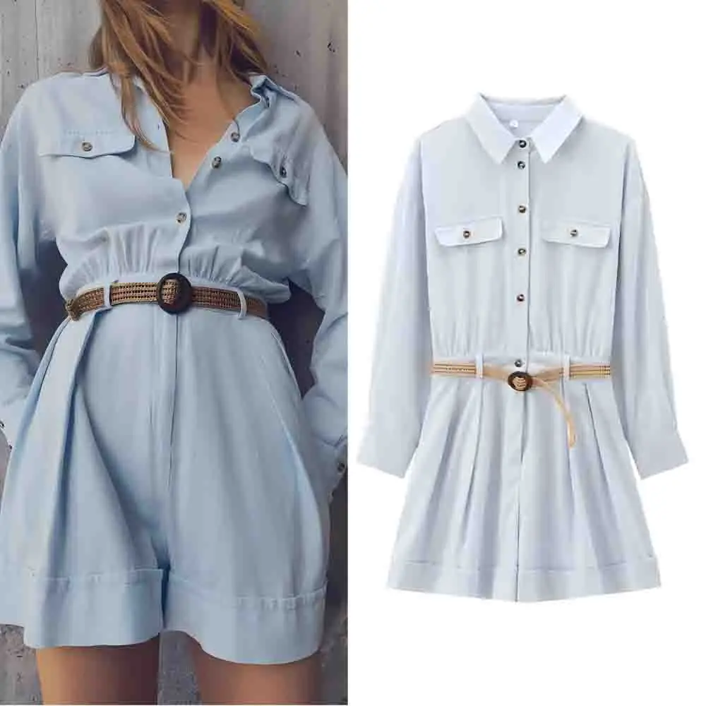 

Women's new fashion With Belt Comfortable casual shirt style jumpsuit retro long sleeved Button-up women's short jumpsuit