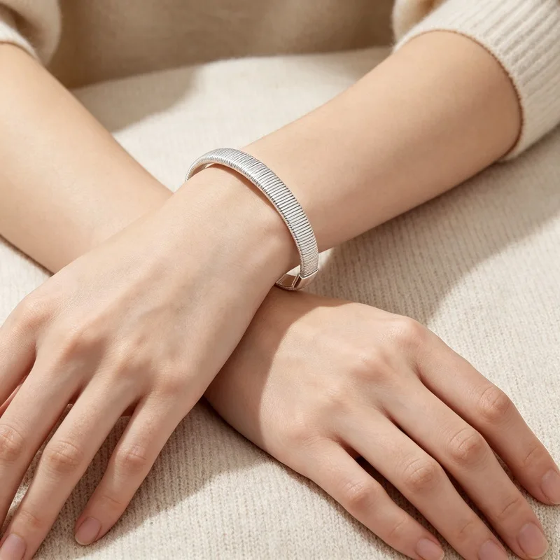 Stainless Steel Women Cuff Bangle Vertical Textured Open C‑Shape Silver Color Simple Fashion Stackable Wrist Jewelry