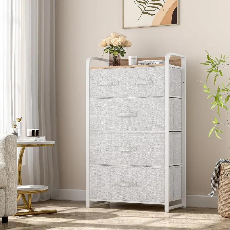 5 Drawer Fabric Dresser, Storage Tower Organizer Unit for Bedroom, Living Room and Closet - Sturdy Steel Frame with Wooden Top