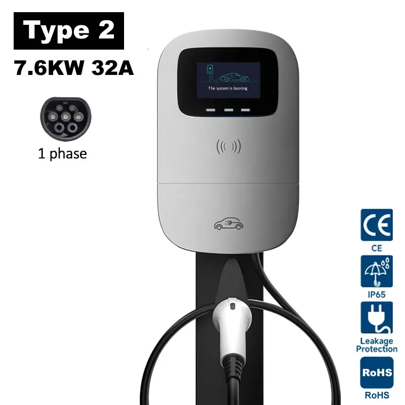 

JIGU 7KW 32A Type 2 Electric Vehicle Charging Station Charger Car 7.6kw Wallbox EV Charger Screen 220V 1-phase WIFI APP EVSE