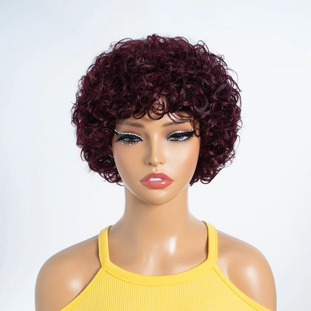 Short Jerry Curly Human Hair Wigs With Bangs Short Pixie Curly Wig Remy Brazilian Human Hair Wig Short Curly Machine Made Wigs