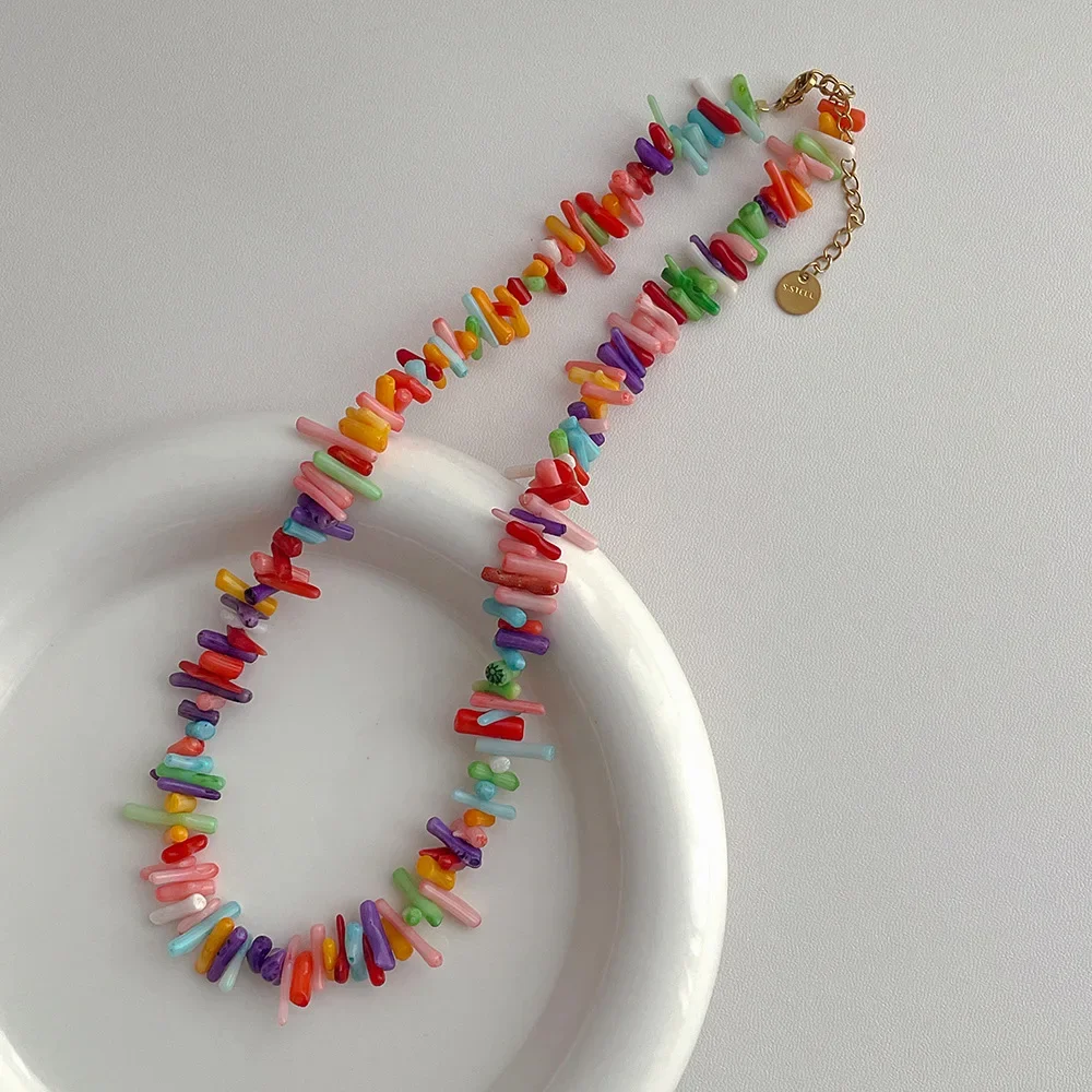 Minar Bohemian Gold PVD Plated Stainless Steel Rainbow Irregular Coral Strand Chokers Necklaces For Women Holiday Jewelry