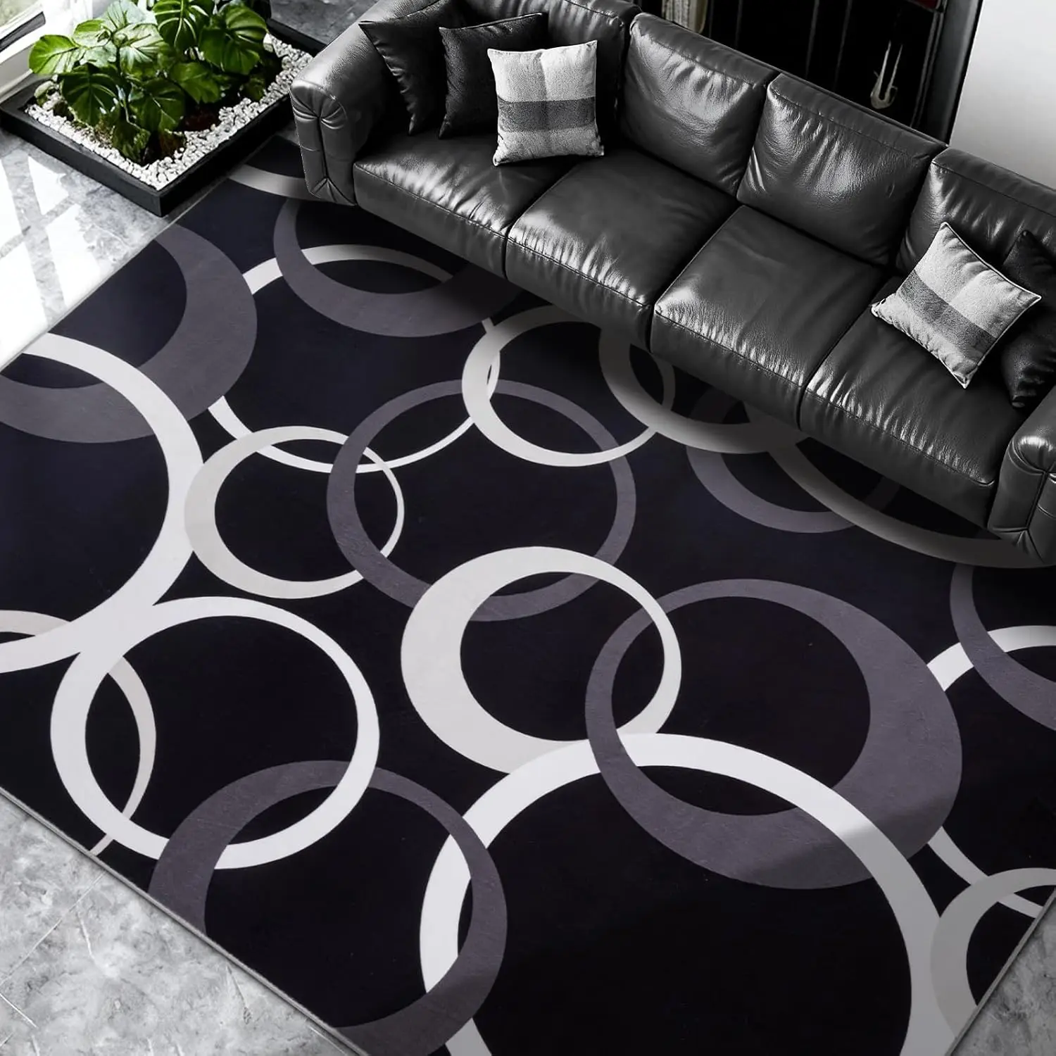 1pc 2D Flat Black White Grey Interlocking Circles Printed Floor Mat, Decorative Rug for Living Room, Bedroom, Office, Home Decor