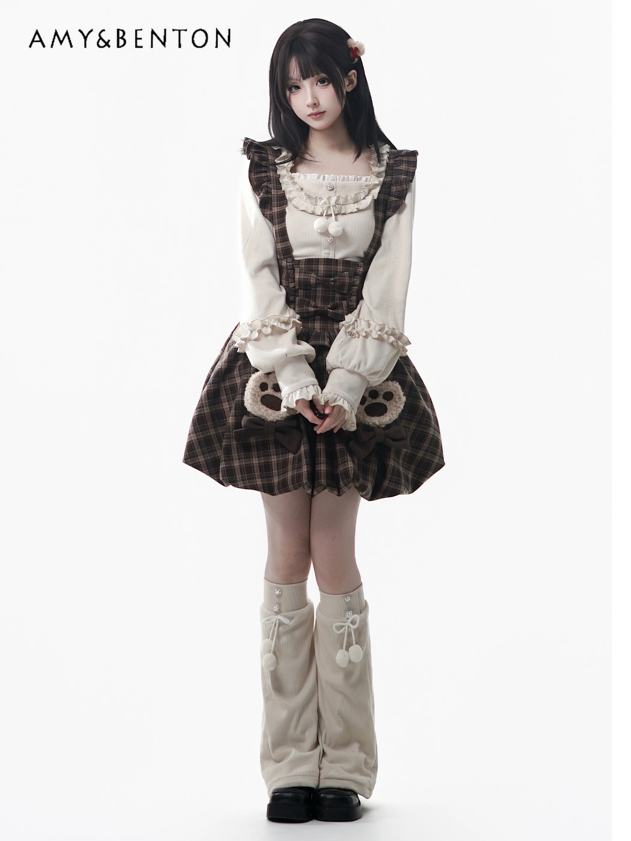 Winter New Cute Ear Hooded Furry Warm Cloak Knitted Strap Flower Bud Skirt Set Sweet Lolita Style Two Piece Sets Womens Outifits