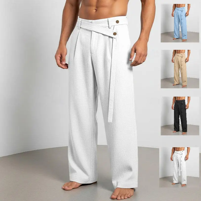 Casual Linen Men's Fashion Asymmetrical Belted Side Waist Pants Loose Legged Long Trousers mid Waist Zipper Fastening Summer ...