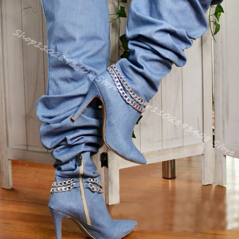 Denim Chain Decor Pleated Boots Pointed Toe Side Zipper Personality New Fashion Party Over Knee Boots 2024 Zapatos Para Mujere