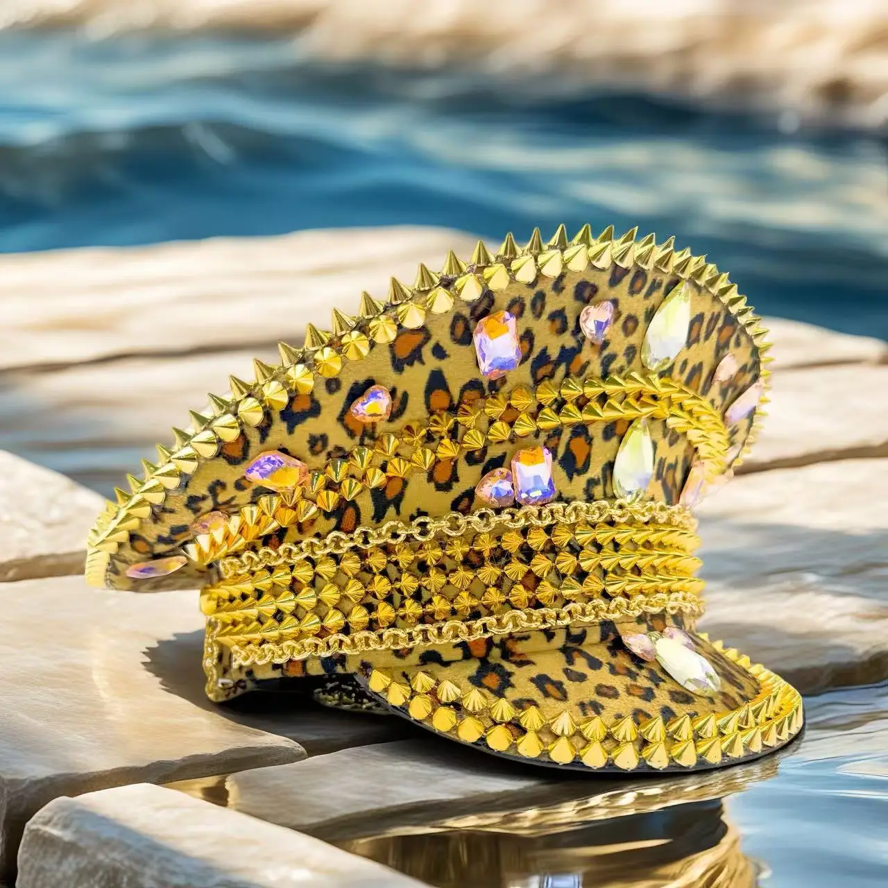 HongLuan Yellow Laser Leather Loop Captain Hat Rhinestone & Military Caps for Woman, Rave Festivals Accessories ＆ Party Cap Man