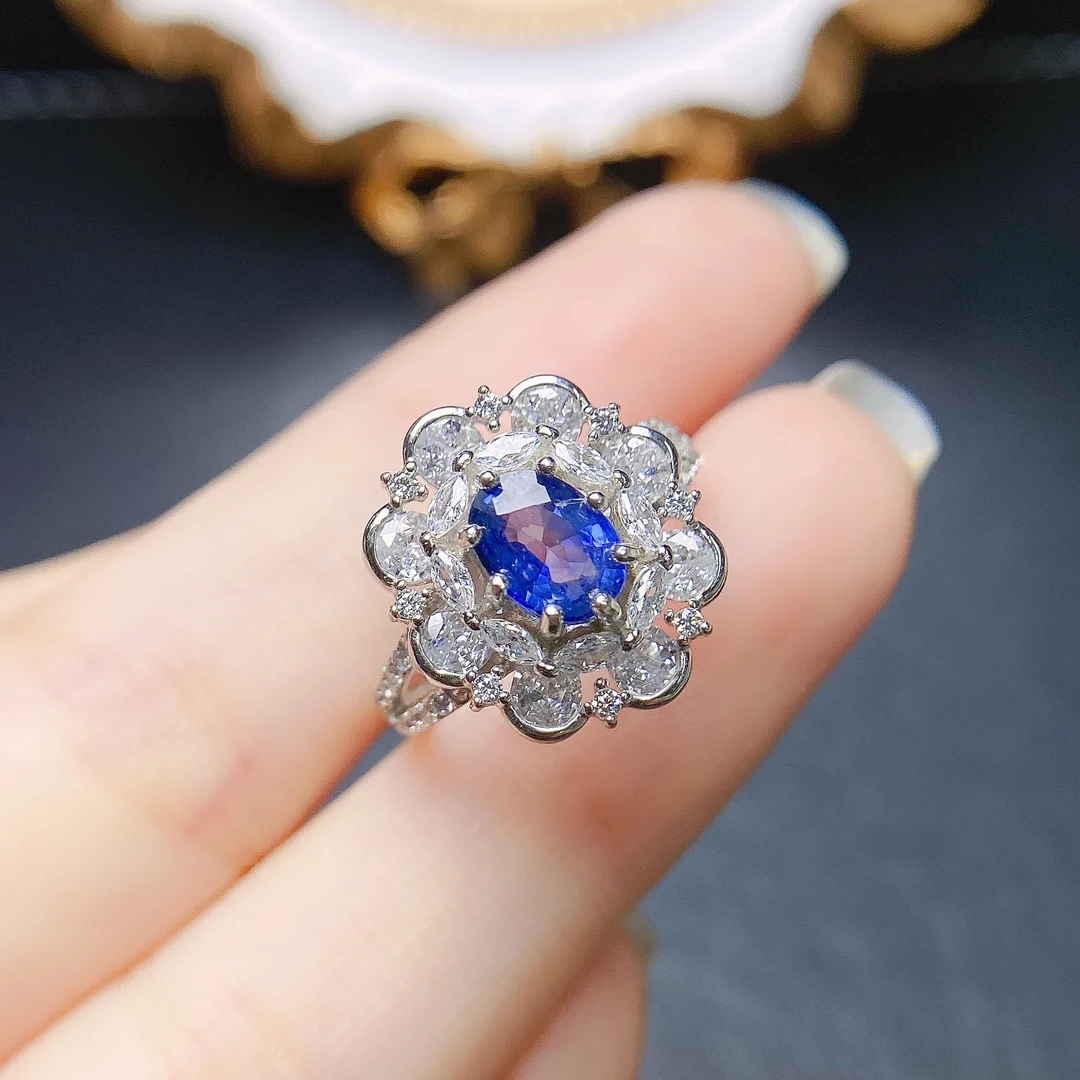 FS Real S925 Sterling Silver Inlay 5*7mm Natural Sapphire Ring Certificate for Women Fine Charm Weddings Fashion Jewelry MeiBaPJ