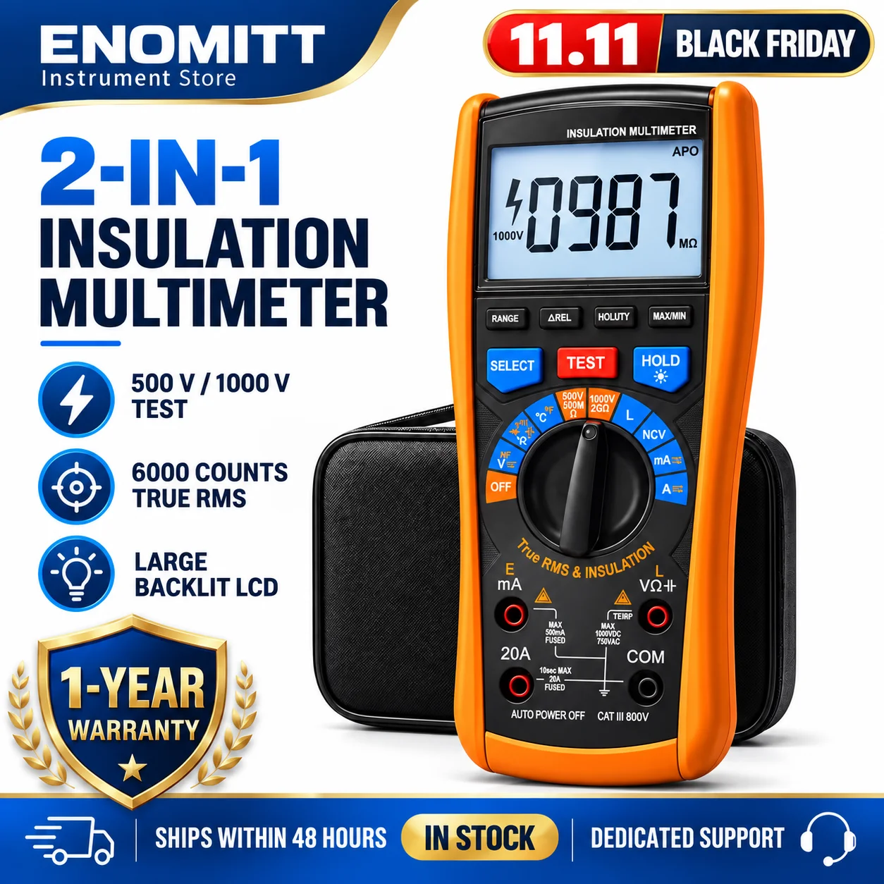 Insulation Resistance Tester 1000V Megohmmeter W/TRMS Multimeter 2 in 1, Megaohm Meter W/IR Test, NCV, Volt, 20A Current