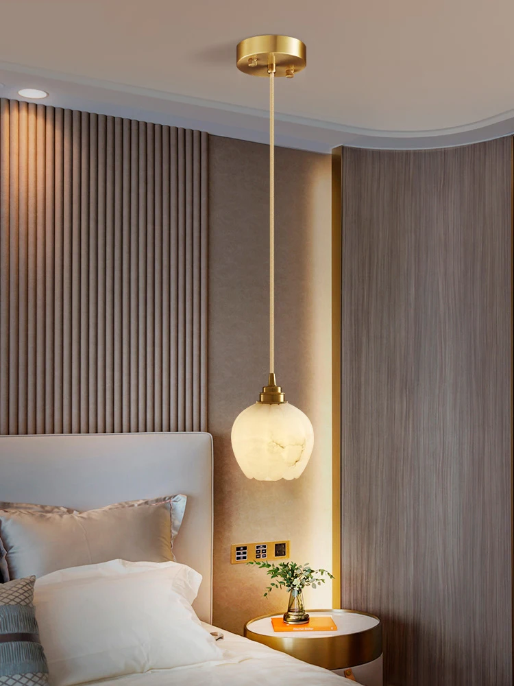 Nordic All Copper Marble Bedroom Bedside Small Pendant Light Minimalist Modern Restaurant Corridor Single Head Decorative Light