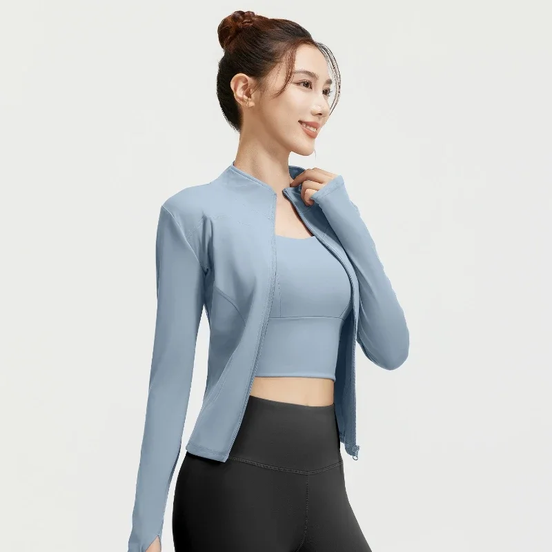 Outdoor Sports Jacket Running Fitness Long Sleeved Women Slim Yoga Clothes Quick Dry Zipper Cardigan Stand Up Collar Skinny Coat