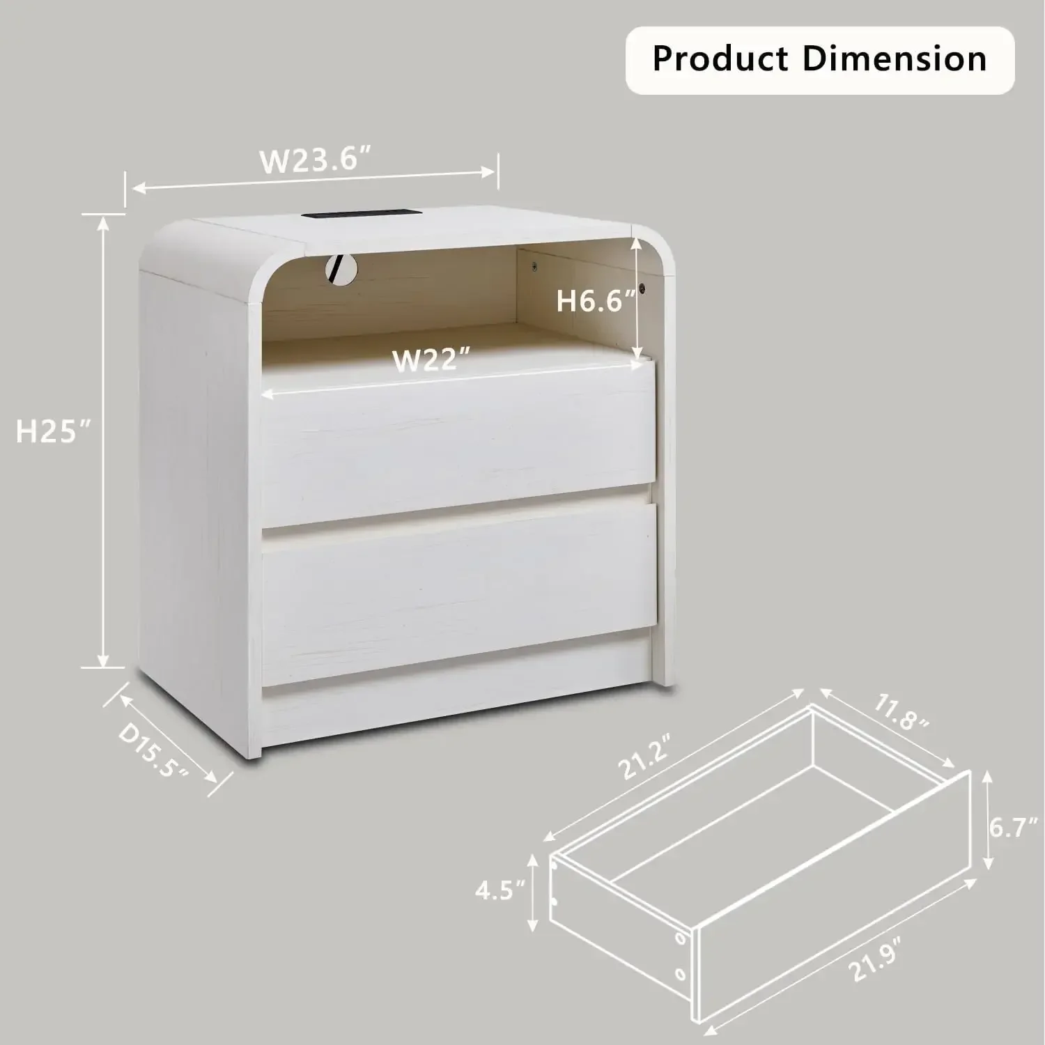 

Современная прикроватная тумбочка XMSJ высотой 25 дюймов с зарядной станцией, шириной 23,6 дюйма, деревянная, с 2 выдвижными ящиками для хранения.