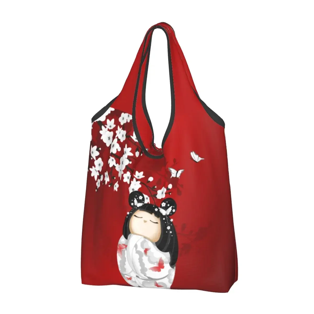 Red Sakura Kokeshi Doll Grocery Bags Durable Large Reusable Recycle Foldable Heavy Duty Shopping Tote Bag Washable With Pouch