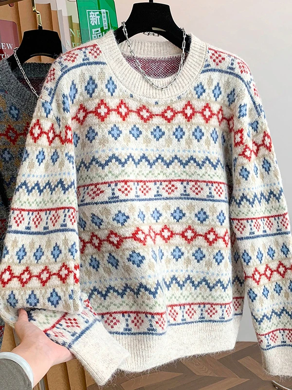 

Faionable Autumn Winter Knitted Sweater Women's round Ne Long Sve Color Blo Fair Isle Patterned All Match Long Sv...