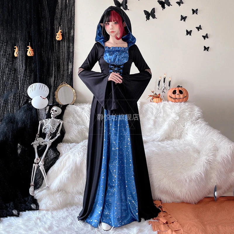 Halloween Costume for Women Witch Cosplay Dress Prom Drama Queen Magician's Robe 3-Piece Set Female Vestidos Anime