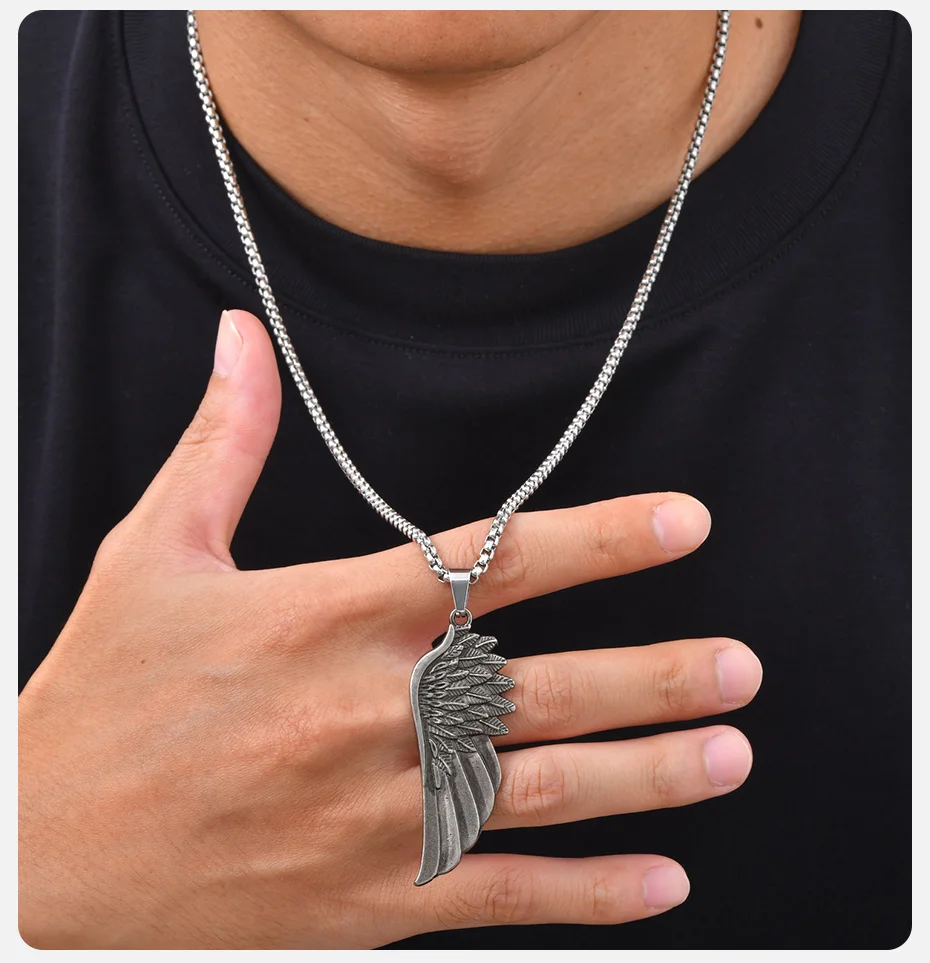 Vnox Vintage-Halskette mit Engelsflügel-Anhänger für Herren, Legierungs-Federflügel-Charm, Edelstahl-Boxkette, Punk-Hip-Hop-Schmuck, Geschenk – Detail 3