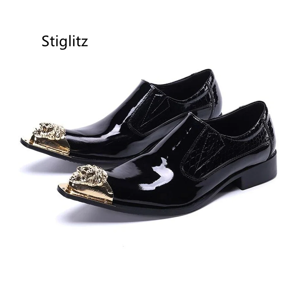 

Black Patent Leather Men's Shoes Metal Point Toe Low Heel Slip On Mules High Quality Casual Business Office Wedding Shoes