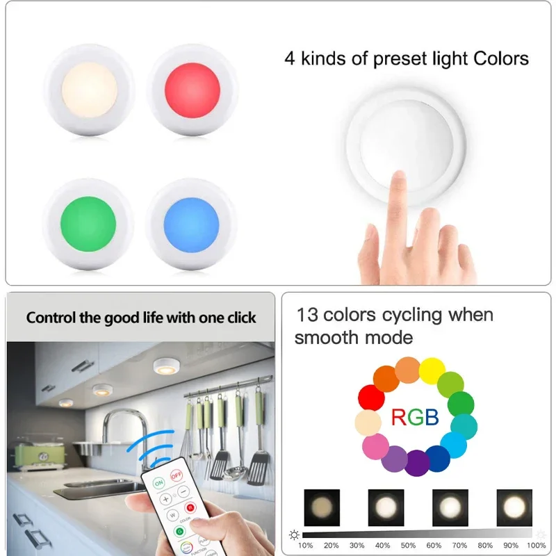 Luzes LED Puck com controle remoto, Sob as luzes do armário, Sem fio colorido, Tap Light for Closet, Iluminação da cozinha