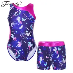 Skating Gymnastics Jumpsuit for Girl Kids Girls Sleeveless Print Gymnastics Leotard with ShortsChildren Ballet Dance Outfits