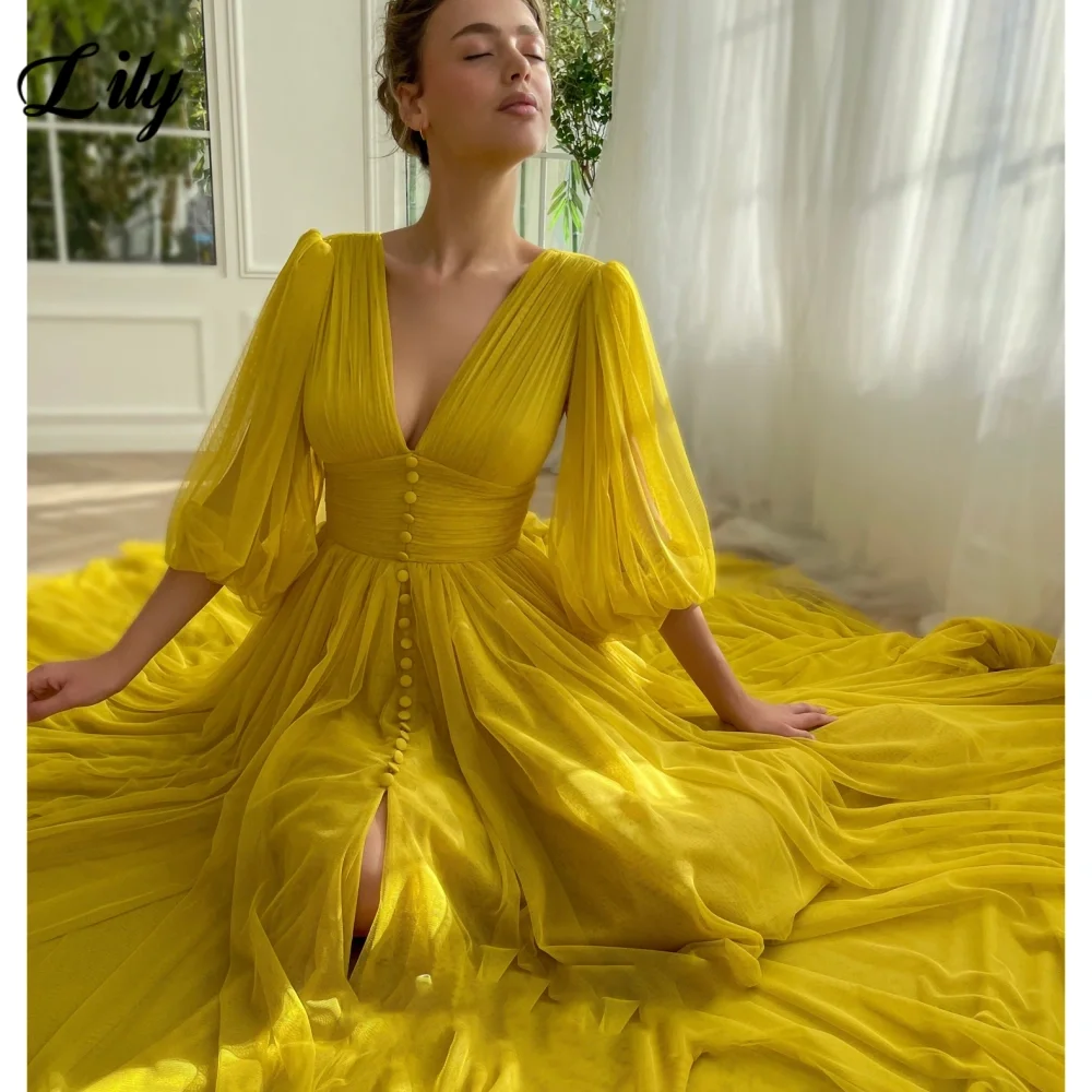 Lily Yellow Deep V-neck Prom Dress for Woman Tulle Three Quarter Sleeves Beach Wedding Dresses High Split Backless Prom Gown