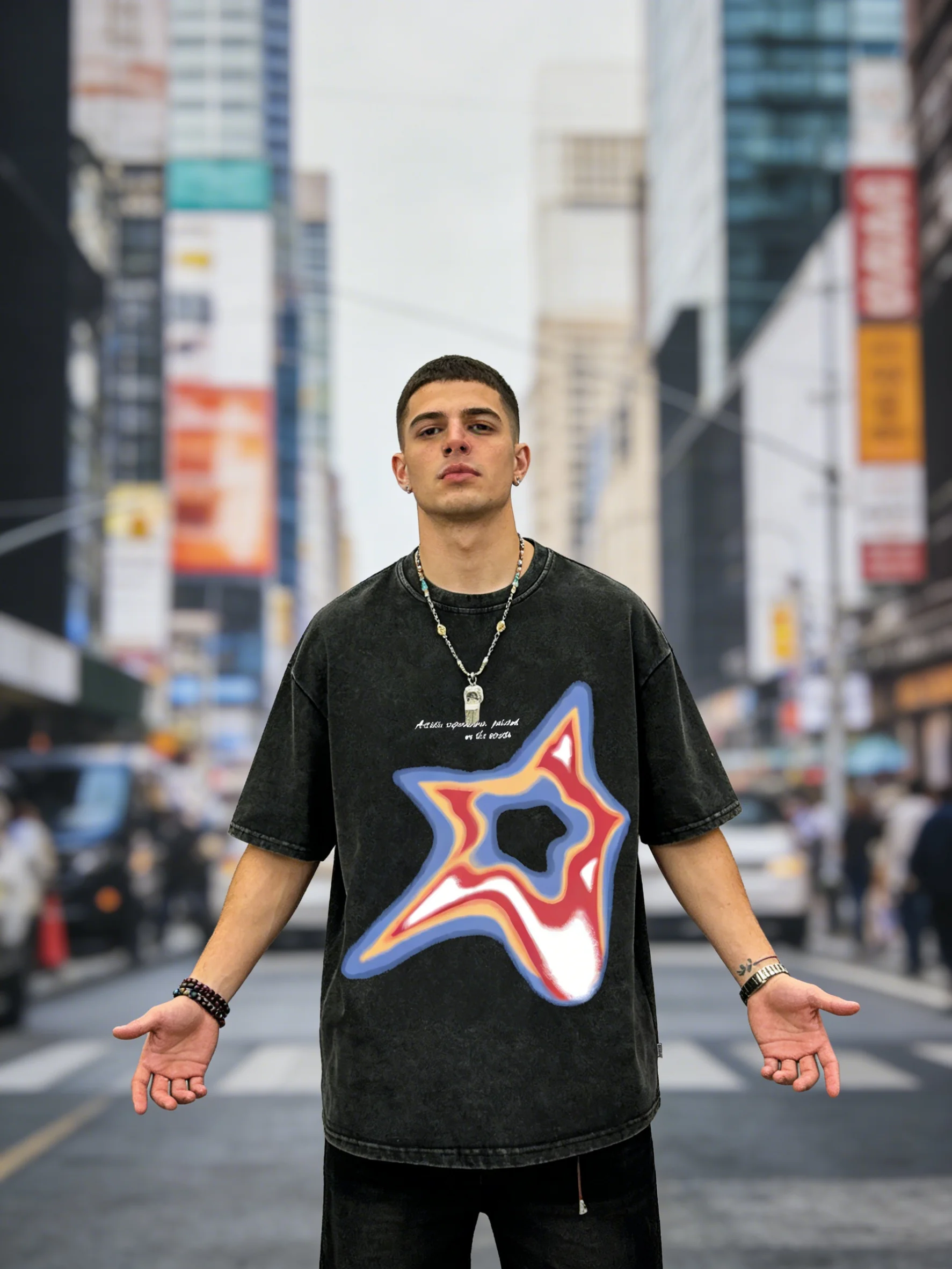 Men's Casual Y2K Aurora & Star Print Round Neck Short Sleeve Washed T-Shirt, Daily Wear，Spring and Summer Collection