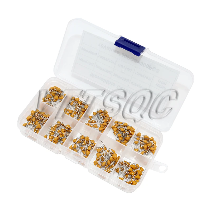 

300pcs 10value 50v 10pf 20pf 30pf 47pf 56pf 68pf 100pf 1nf 10nf 100nf Multilayer Ceramic Capacitor Assortment Kit