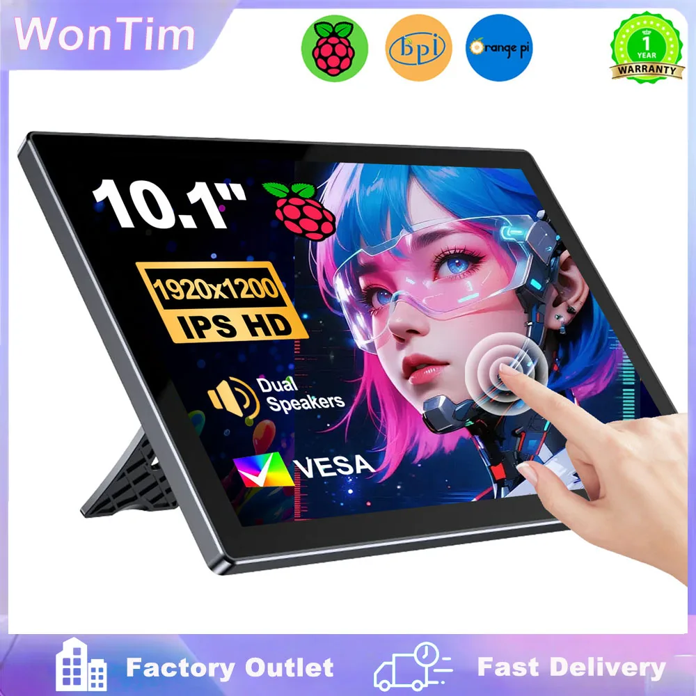 10.1 Inch Raspberry Pi 5 4/3/B/B+/A+ Monitor 1280x800 IPS 5-Points Capacitive Touchscreen Drive Free HDMI Display For Win 7/8/10