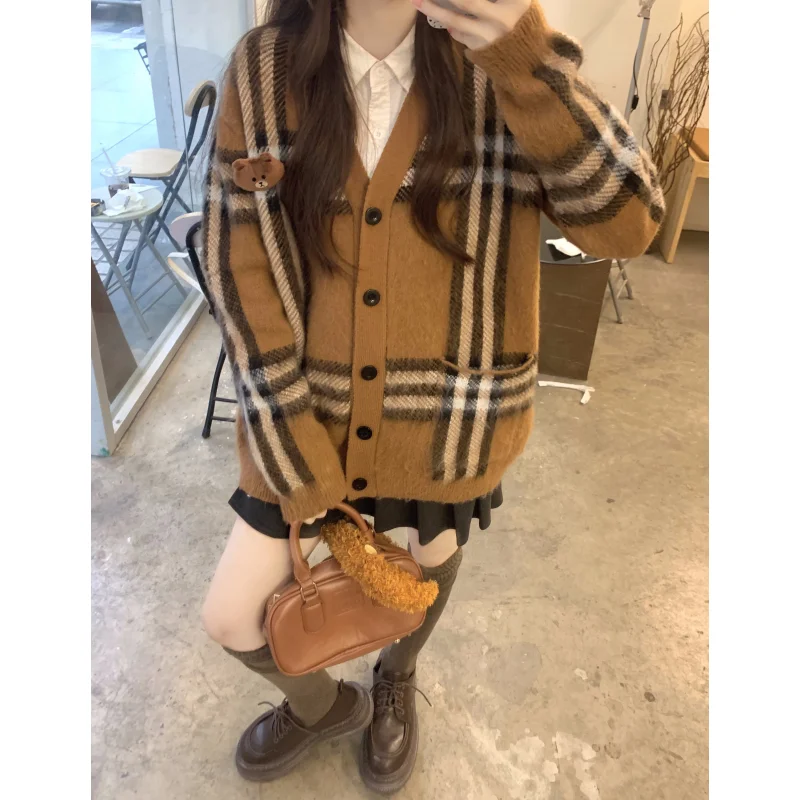 Women Clothing Brown Vintage Knitting Sweater Cardigan Jacket Lattice Long Sleeve Casual Fashion Female NEW Winter V-neck Tops