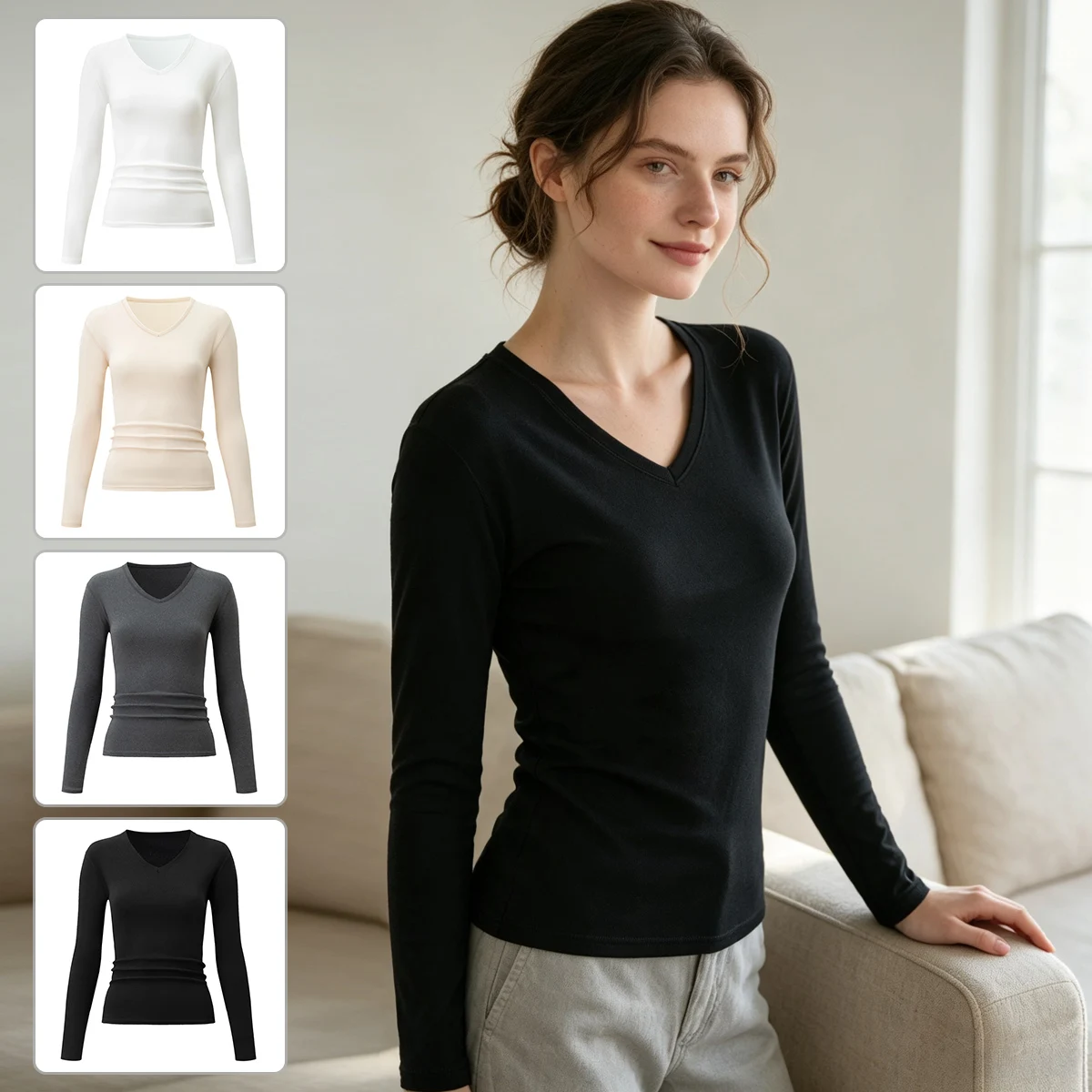 3-Piece Women's Spring And Autumn V-Neck Top Classic Color Fashionable Comfortable Sweat Absorbing Casual Daily Wear