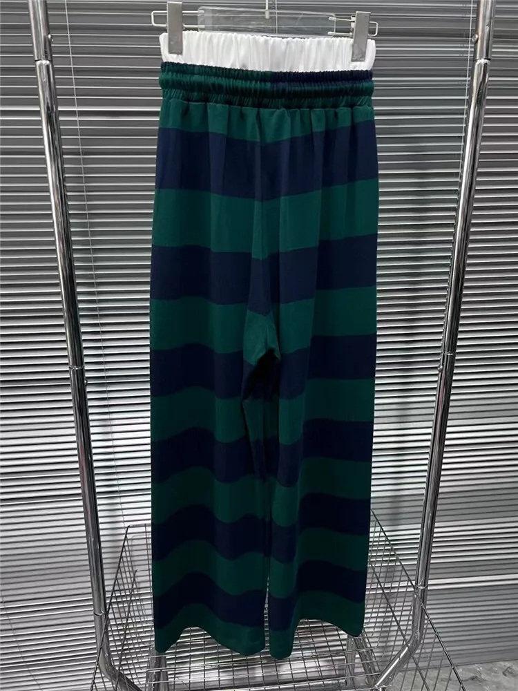 2024 Autumn New American Drawstring Wide Leg Pants, Color Blocked, Green Wide Stripe, Drop Feel Casual Pants For Women