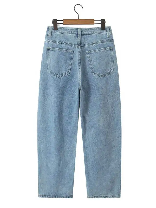 Dżinsy z wysokim stanem, szerokimi nogawkami, prostym krojem, koreańskie, popularne wśród blogerek, zapinane na jeden guzik, dżinsowe spodnie, luźne, w stylu vintage, codzienne, długie...