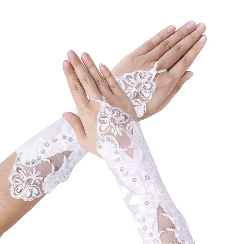 Women Satin Hook Finger Fingerless Gloves Retro Style Opera Stage Performance Etiquette Elasticity Lace Sequins Wedding Bride