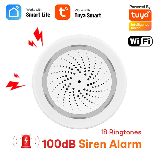 Tuya Smart Life WiFi syrena alarmowa 100dB głośnik 18 dzwonków z ostrzeżeniem o świetle stroboskopowym dla systemu bezpieczeństwa w domu