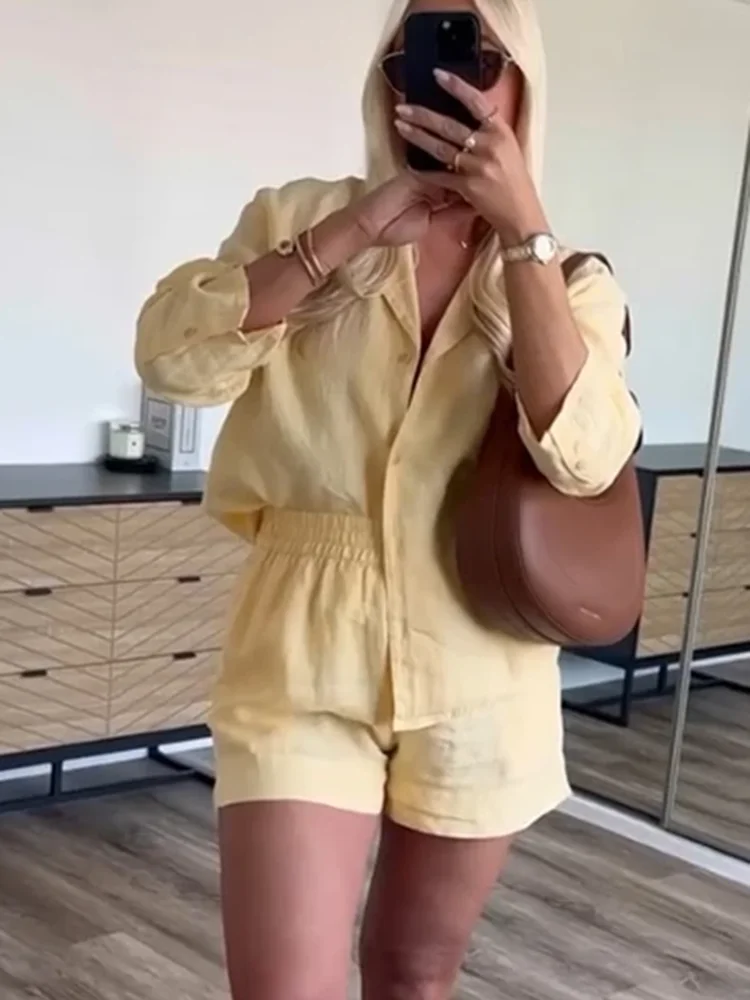 

Women Summer Linen 2-Pieces Sets 2025 Vintage Sweet Solid Loose Shirts Tops and Shorts Female Elegant Street Two Suits Clothing