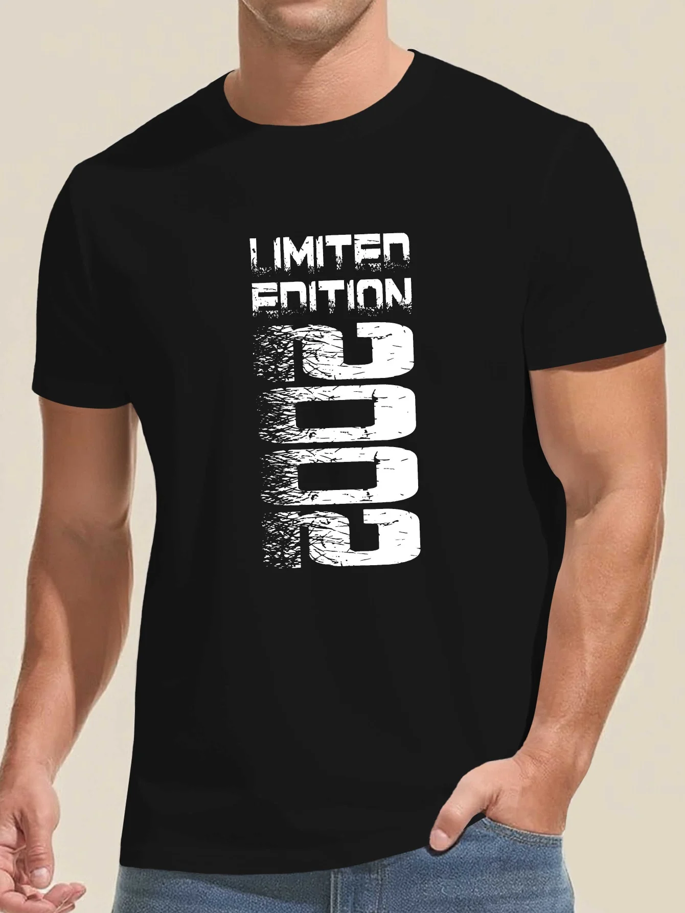 Trendy Men's Black Graphic T-Shirt Limited Edition 2023 Distressed Bold Number Print Vintage Typography Statement Design 100% Cotton Heavyweight Short Sleeve Casual Streetwear Tee