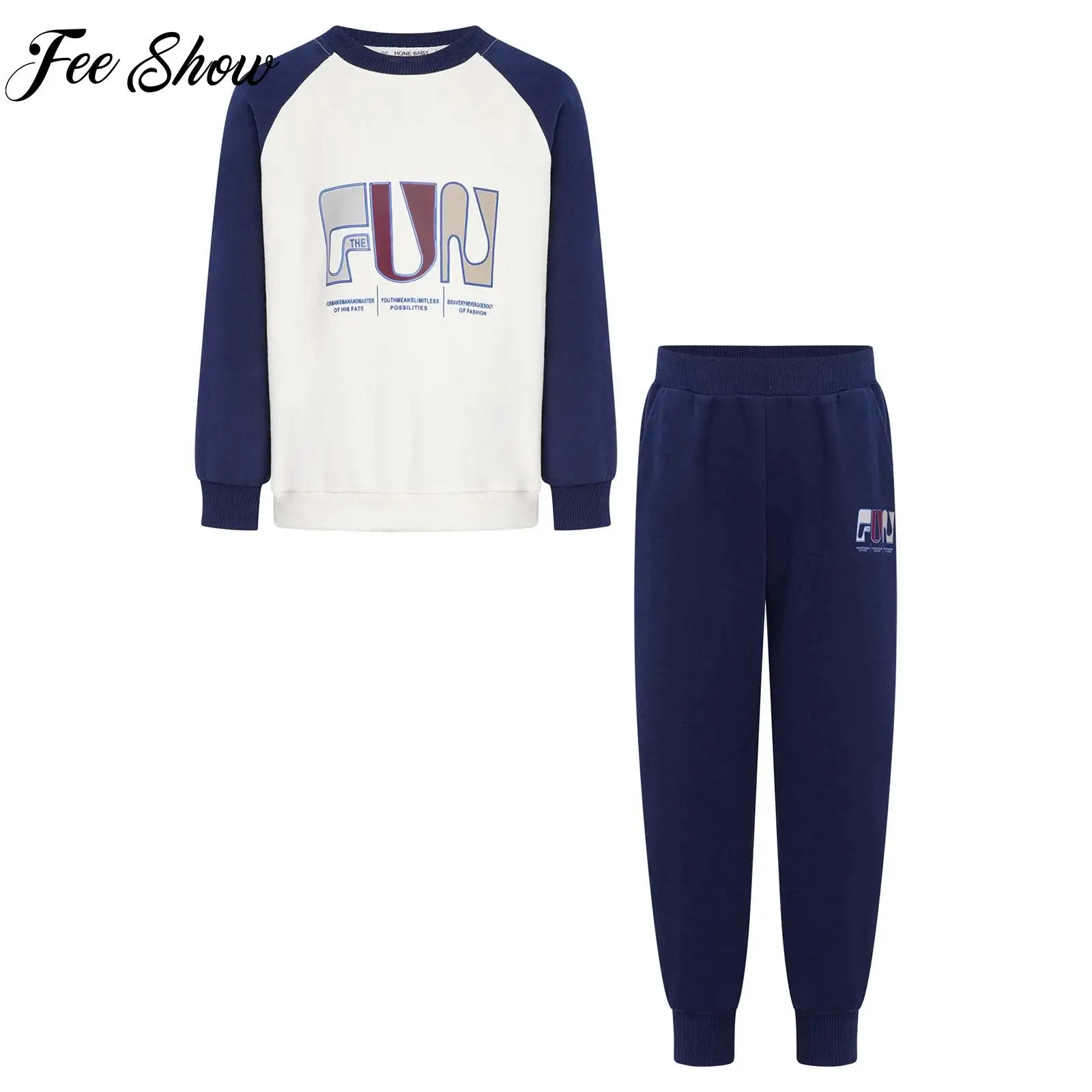 

2Pcs Kids Boys Breathable Sports Set Long Raglan Sleeves Pullover Sweatshirt with Sweatpants for Gym Workout Casual Daily Wear