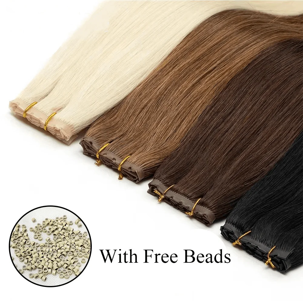 Double Inject XO Hole Weft Human Hair Extensions 16"-24" Invisible Twin Tab Weft Hair Natural Straight Pull Through Micro Hair image 4