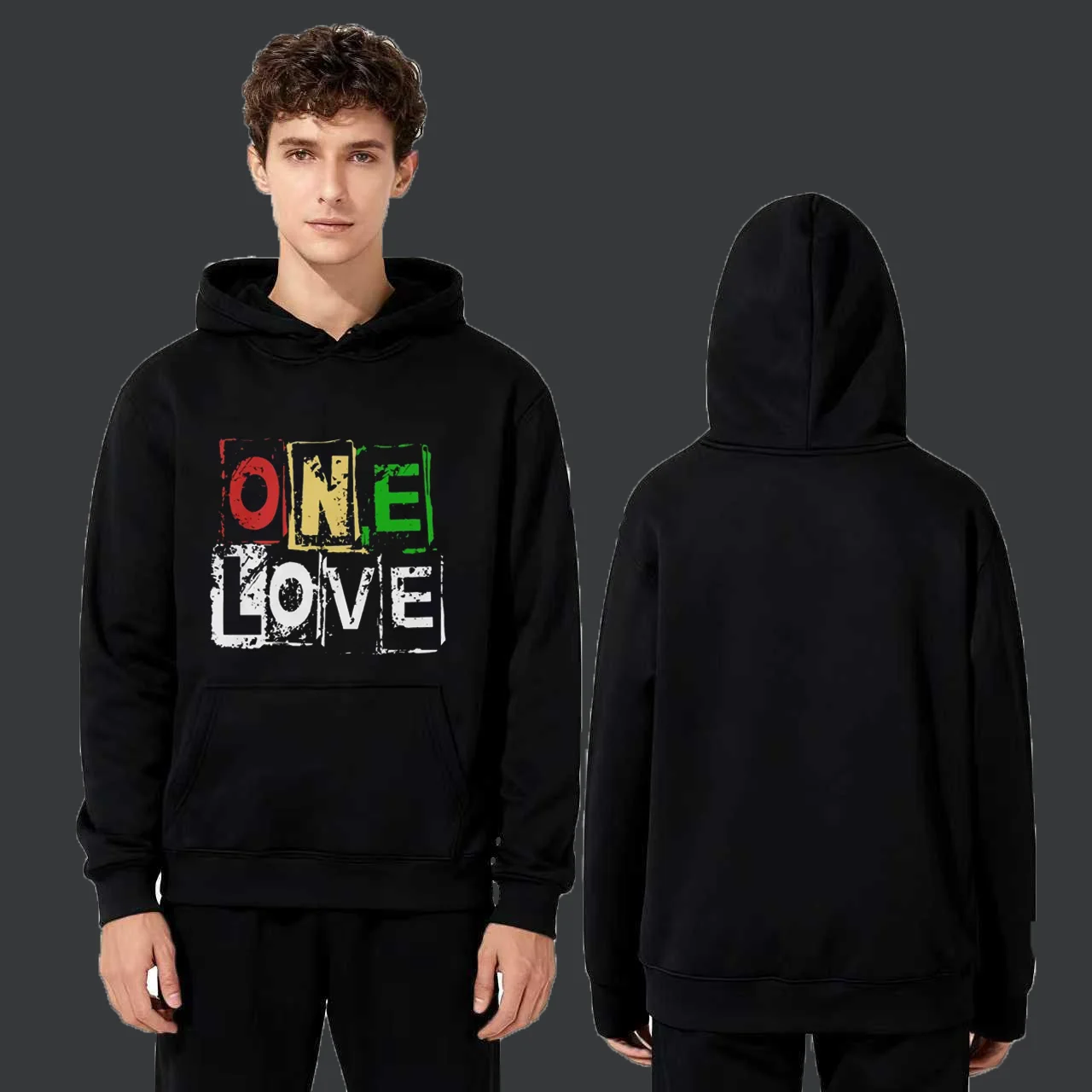 

2025 New Trendy 330gsm Heavyweight Hoodie Black ONE LOVE Colorful Print Unisex Casual Streetwear Pullover Comfortable Fit