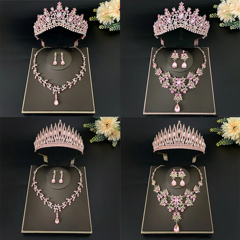 

Luxury Heart Crystal Rhinestone Bridal Jewelry Sets Wedding Crown Tiaras Earring Choker Necklace Set African Beads Jewelry Set