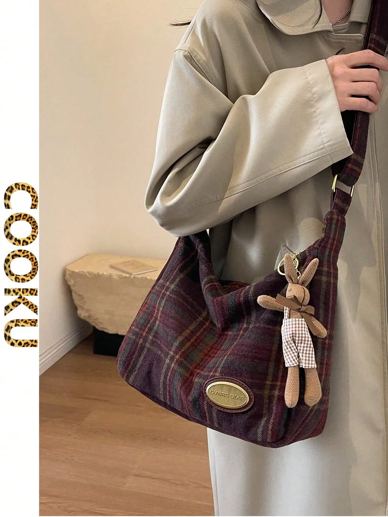 

Plaid Wool-Blend Oversized Shoulder Bag with Rabbit Charm - Casual Crossbody Tote