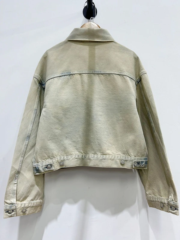 Dave&Di Minimalist Boyfriend Off Shoulder Denim Jacket Women Vintage Distressed Beige Denim Jacket Loose Bomber Jacket Ladies