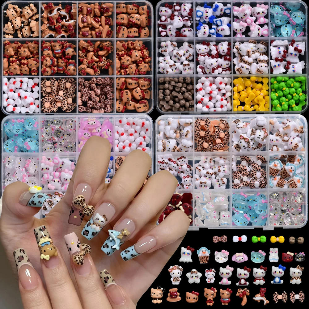 

12 сеток, смешанные аксессуары для дизайна ногтей Hello Kitty, очки для загара KT Cat/леопардовый принт, очки Kitty/Dopamine с бантом для ногтей, принадлежности Y2K