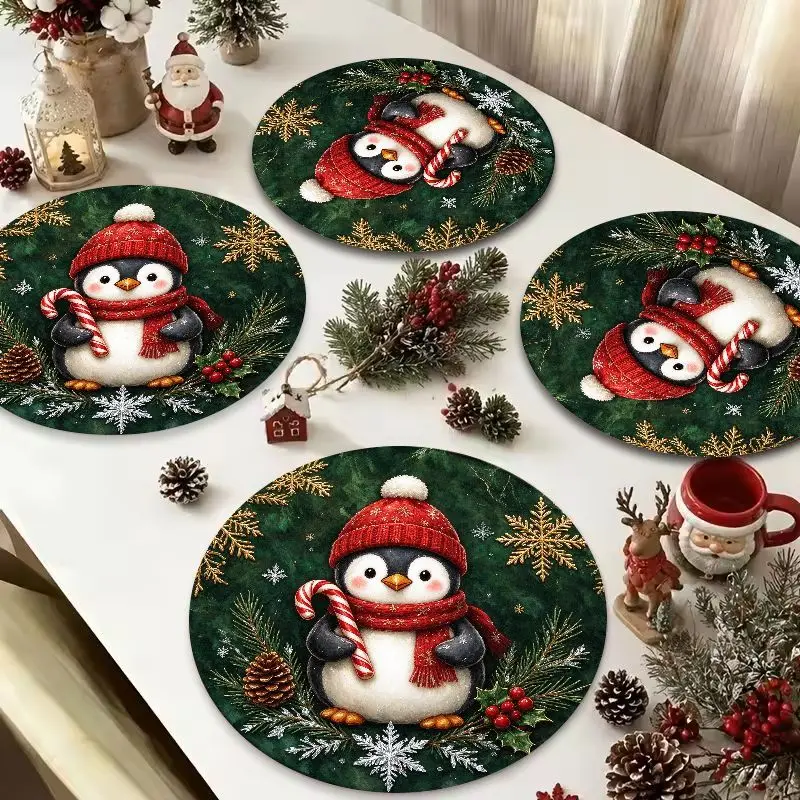 VIKAMA Penguin Candy Cane Green Round Placemat, 3 Designs, Table Mat for Kitchen Dining Party