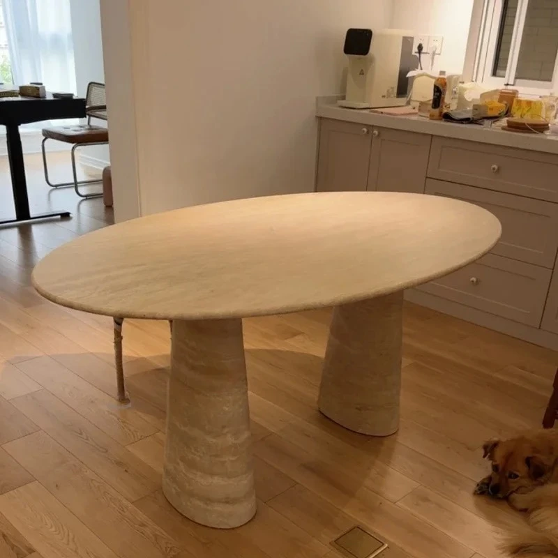 

Wabi Sansan Oval Natural Travertine Dining Table Light Luxury Designer Large Dining Table